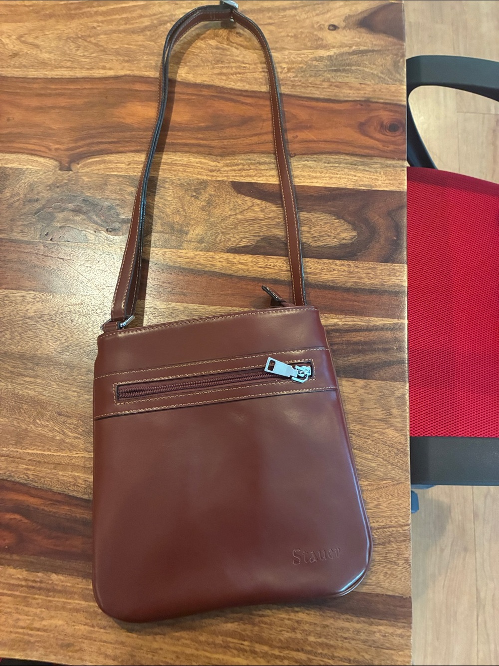 Stauer Women's Burgundy Leather Crossbody Bag with Front Zip Pocket